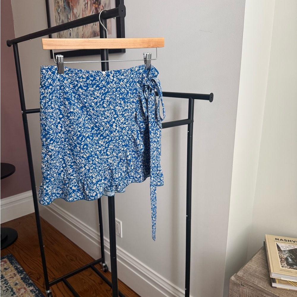 Blue Floral Wrap Skirt with Tie Detail
